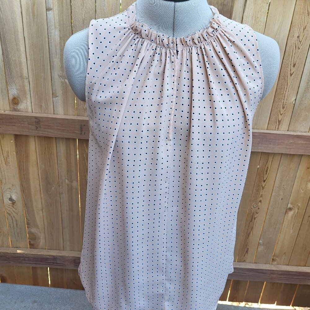Ann Taylor peach and navy bot ruffle neck top small